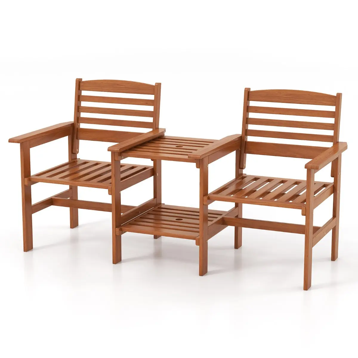 Ensemble de meubles de patio 2 places en bois causeuse d’extérieur avec table basse et trou pour parasol ensemble de conversation