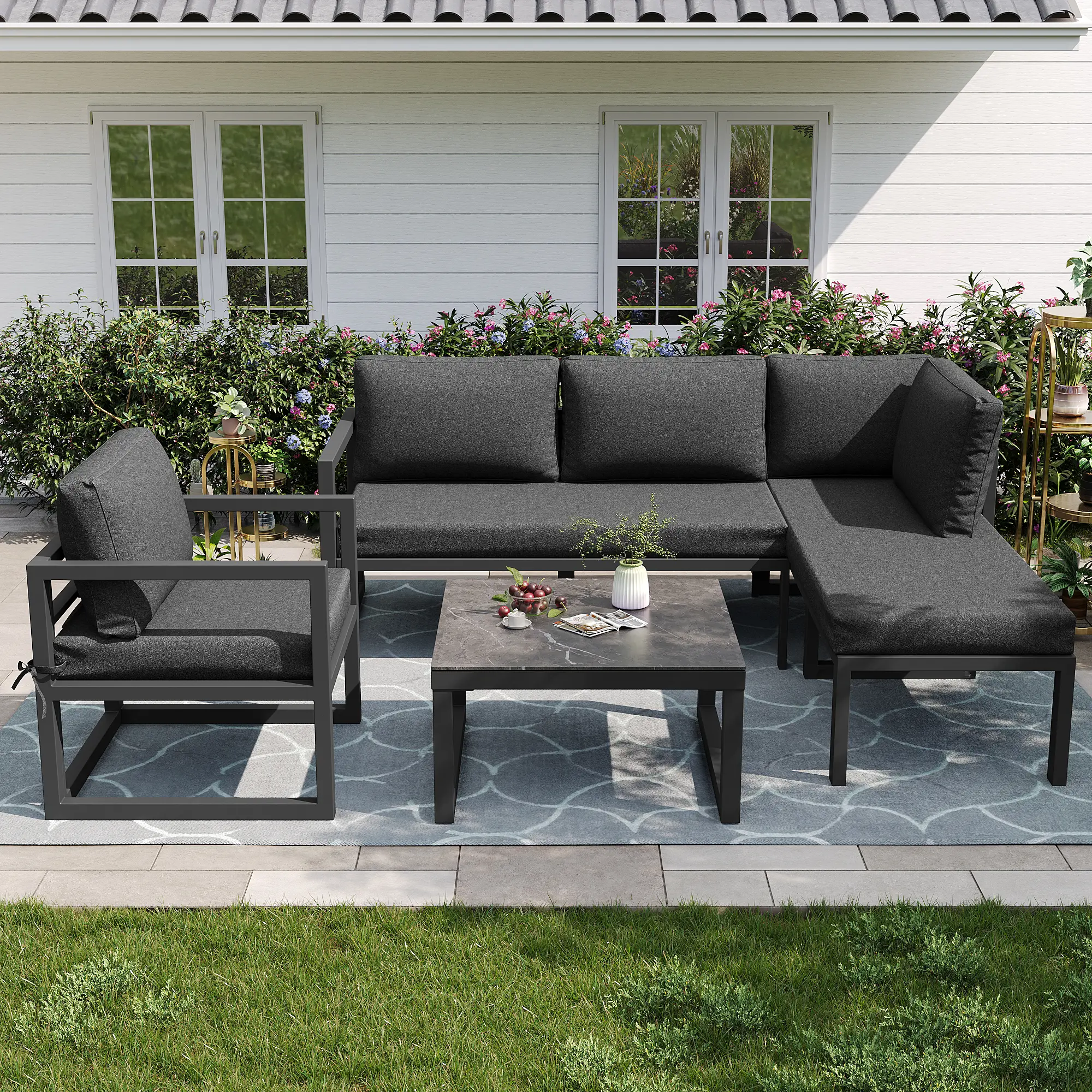 Ensemble de meubles de jardin en corde, canapé d’angle, y compris tous les coussins d’assise et les coussins, gris