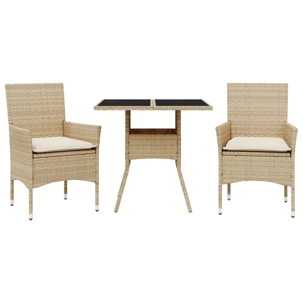 Ensemble de 3 pcs table de jardin et chaises avec coussins – mobilier de jardin beige rotin verre