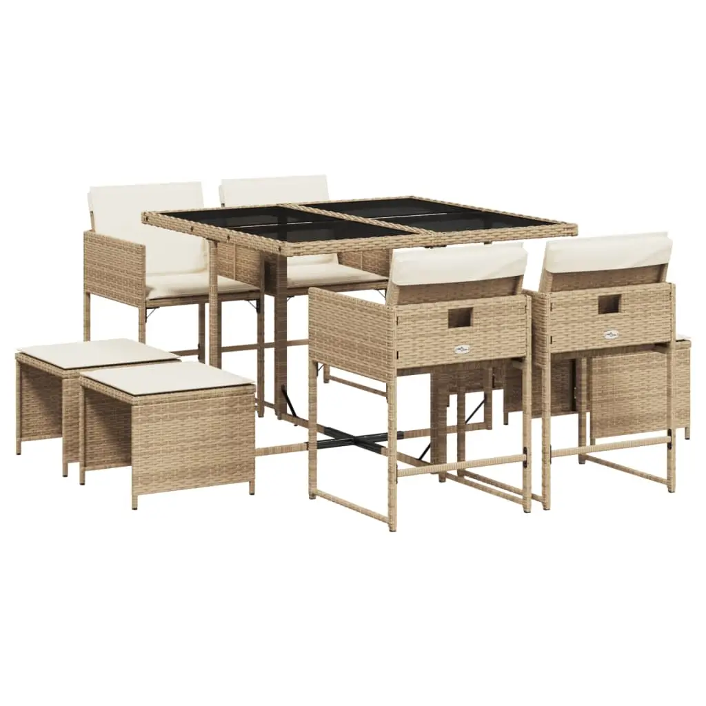 Ensemble de 9 pcs table de jardin et chaises avec coussins – mobilier de jardin beige Poly rotin-JU2710