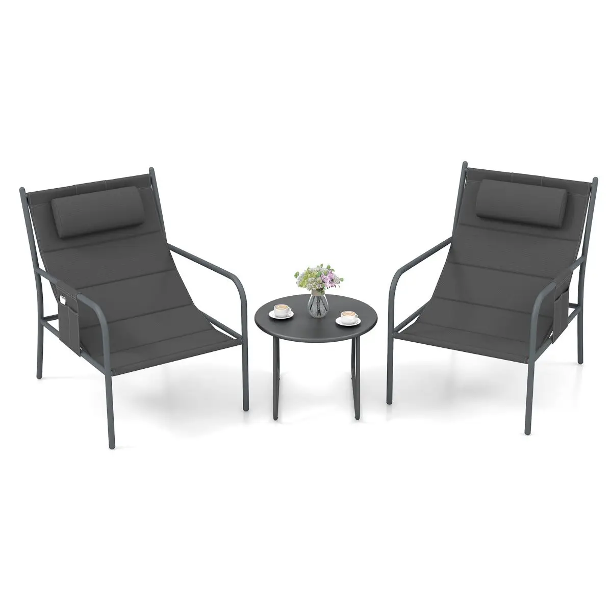 Ensemble de meubles 3 pièces de patio cadre en métal charge 150 kg salon de jardin 2 chaises 1 table basse avec tissu respirant gris