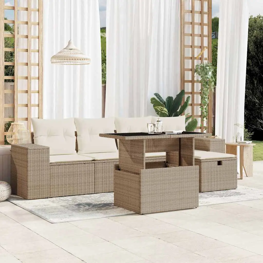 Ensemble de Jardin 6 Places Résine Tressée Beige Table Verre Ajustable – ComfortXL Outdoor Living