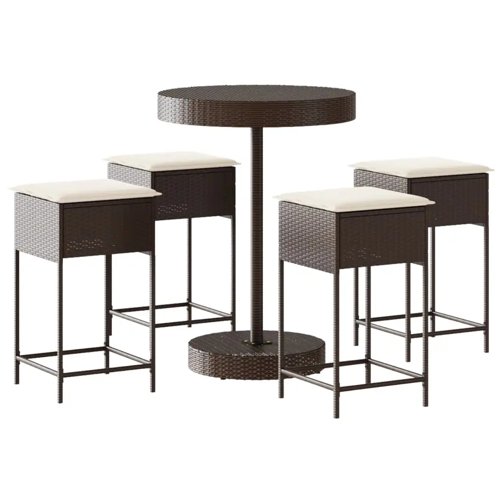 Ensemble de 5 pcs bar de jardin – Mobilier d’extérieur avec coussins marron poly rotin-JU2231