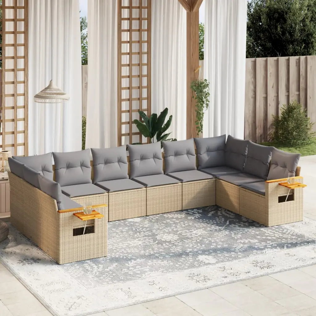 Ensemble canapé de jardin 10 places résine tressée modulable avec tables d’appoint Beige coussins Gris – ComfortXL Outdoor Living