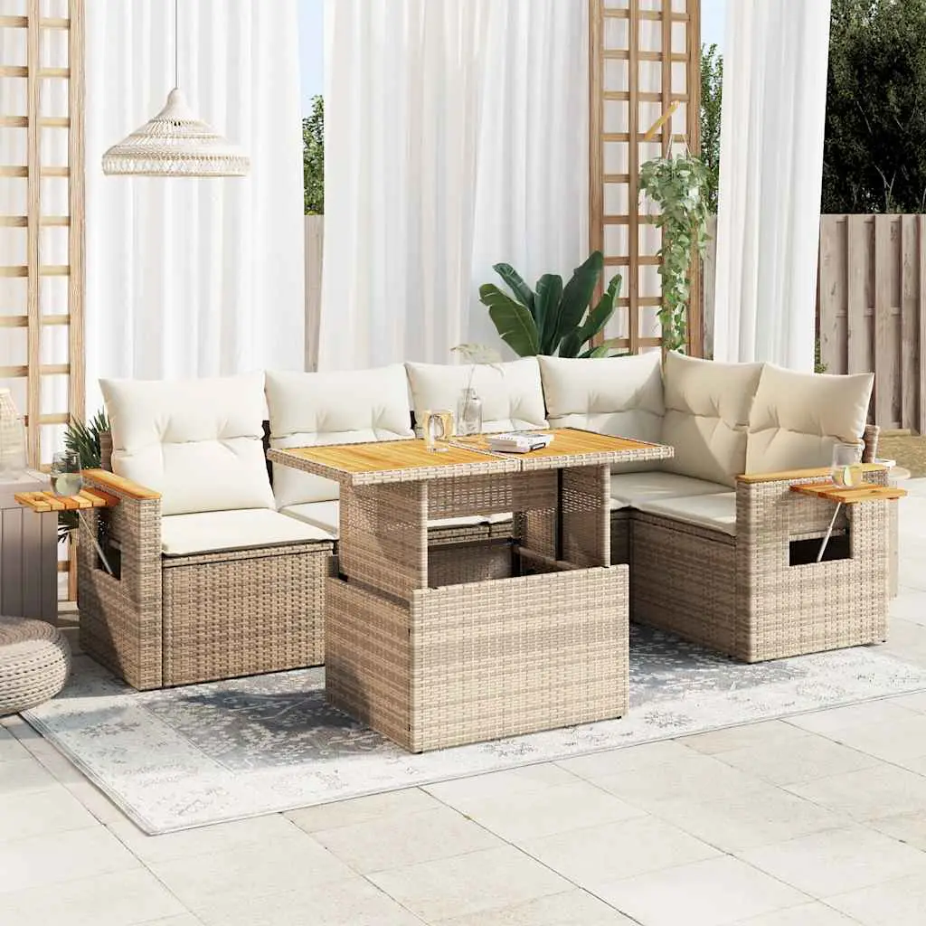 Ensemble de Jardin Modulable 6 pcs Poly Rotin et Acacia avec Rangement pour Patio Beige et Blanc Crème – ComfortXL Outdoor Living