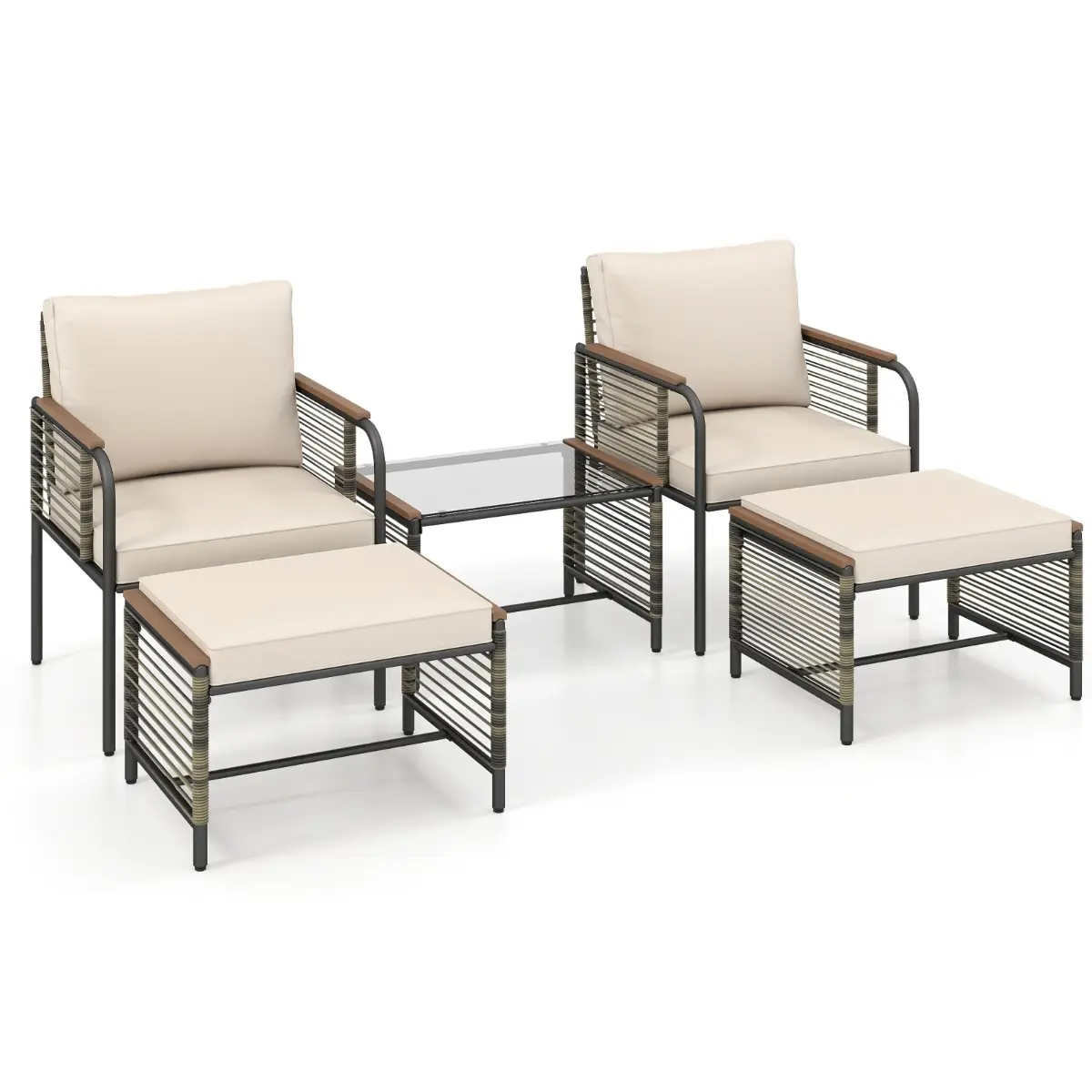 Ensemble de Mobilier de Jardin 5 Pièces Salon de Jardin en Rotin PE avec Coussins Table Basse en Verre Beige MAISON CHIC