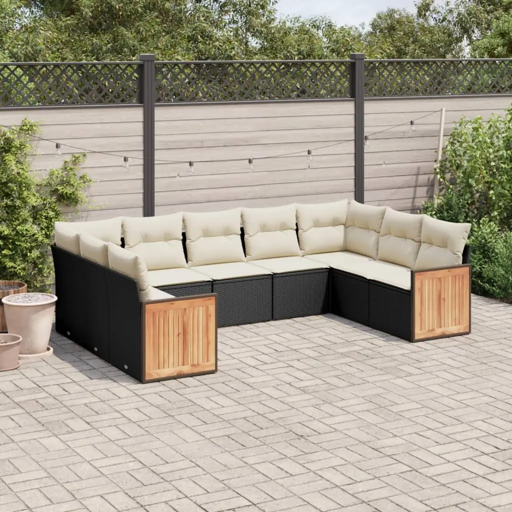 Ensemble de Jardin 9 pcs Résine Tressée Noir avec Rangement et Coussins Crème – ComfortXL Outdoor Living