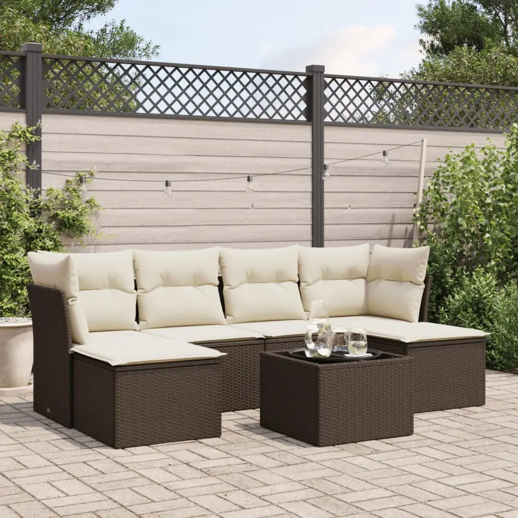 Ensemble de Jardin 6 Places Résine Tressée Modulable Deux Tabourets pour Extérieur Marron Crème – ComfortXL Outdoor Living