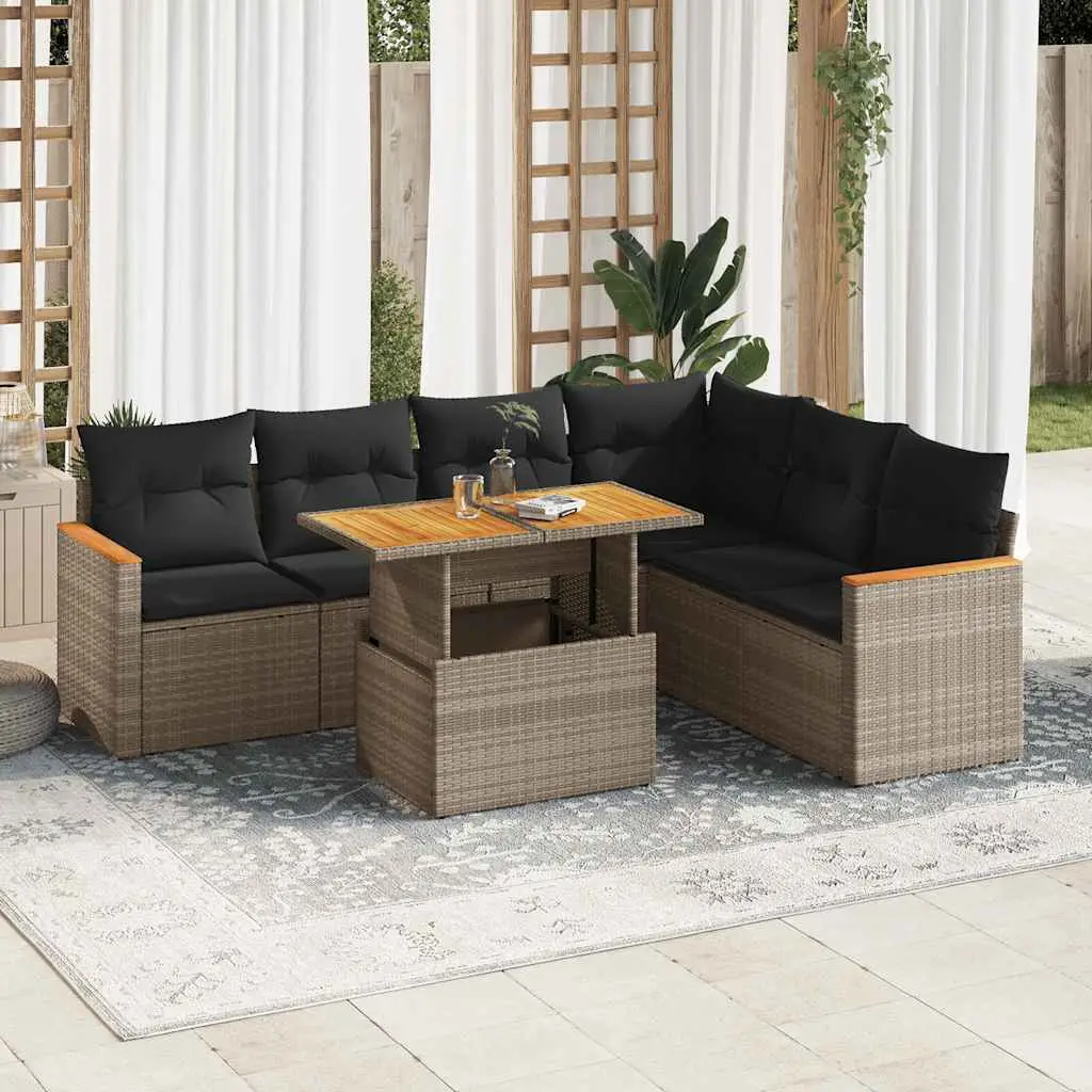 Ensemble de Jardin 6 Places en Résine Tressée Grise et Acacia avec Coffre de Rangement et Coussins Gris Foncé – ComfortXL Outdoor Living
