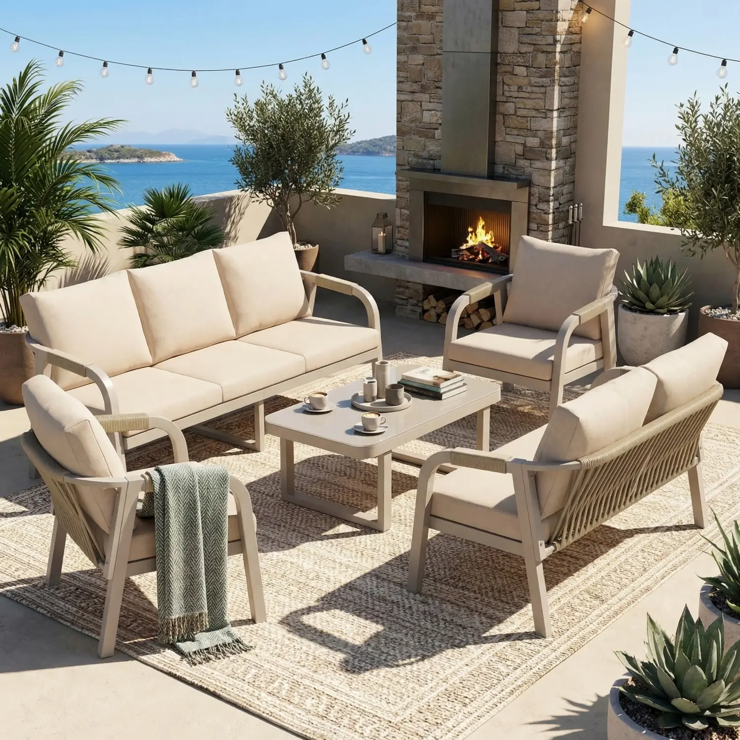 Ensemble de jardin pour 7 personnes, plateau en verre, structure en fer galvanisé, design en corde tressée, beige