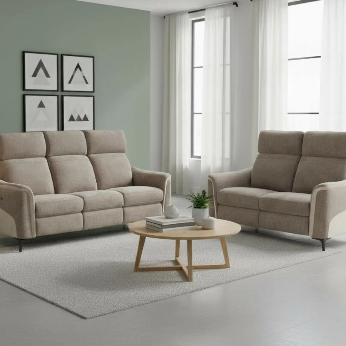 Ensemble canapé relax électrique 3 places + canapé fixe 2 places tissu maillé moka – SOLLYS