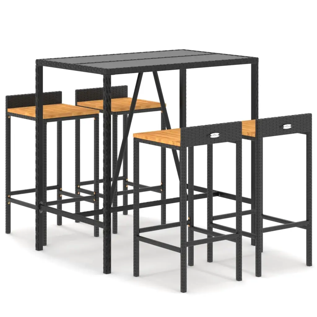 Ensemble de 5 pcs bar de jardin – Mobilier d’extérieur noir poly rotin/bois massif acacia