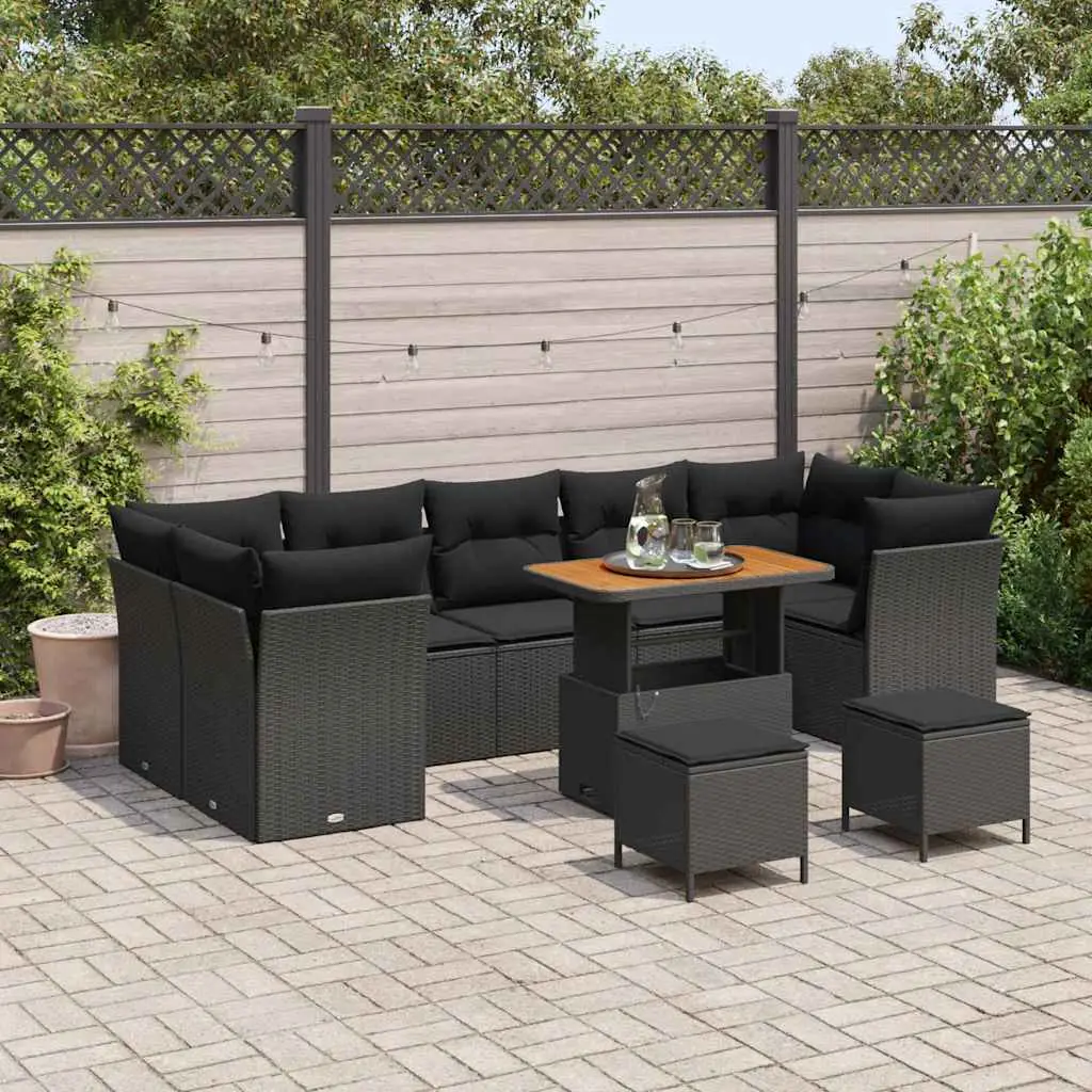 Ensemble Canapé de Jardin 9 Places Polyrotin et Bois Pour Extérieur Noir – ComfortXL Outdoor Living