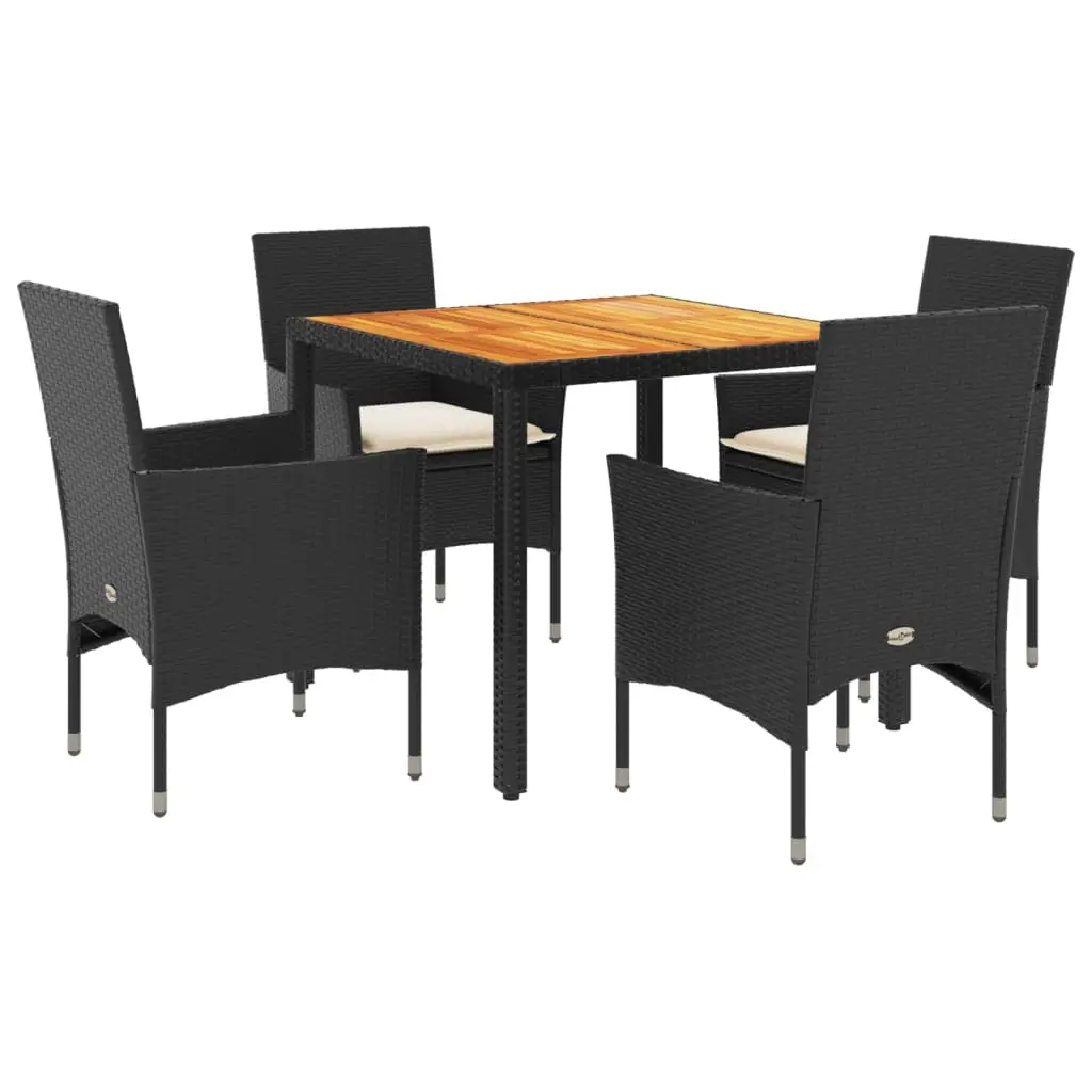 Ensemble de 5 pcs table de jardin et chaises avec coussins – mobilier de jardin noir rotin acacia-JU2736