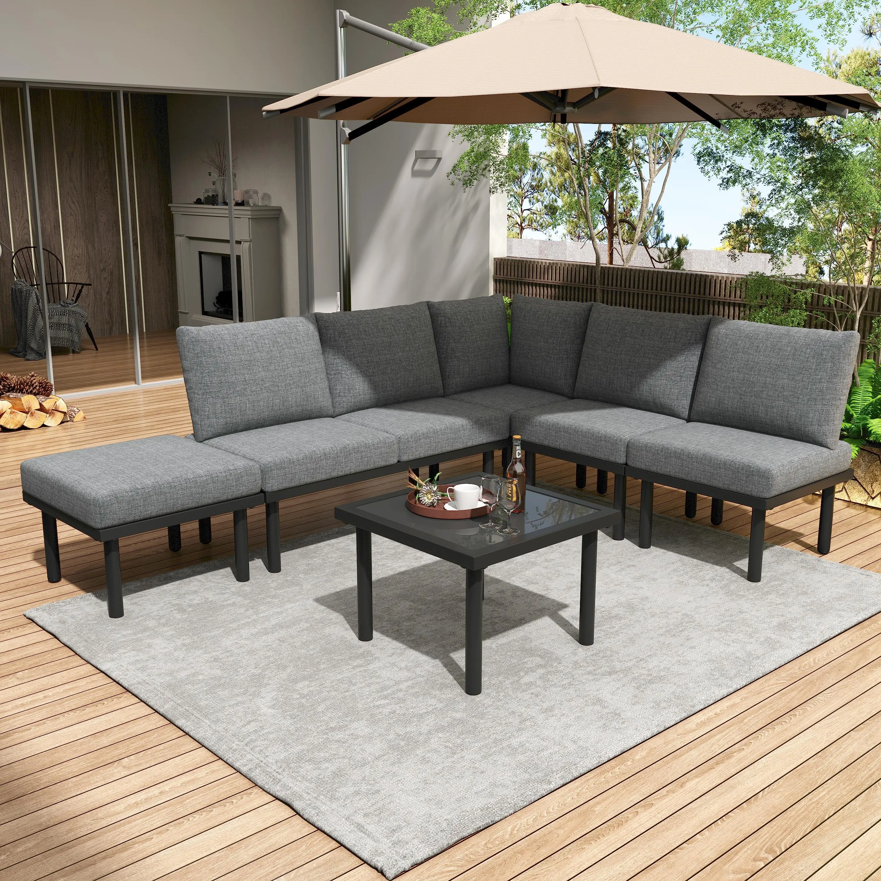 Ensemble de 6 meubles de jardin en corde dessus de table en verre avec assise et coussins gris