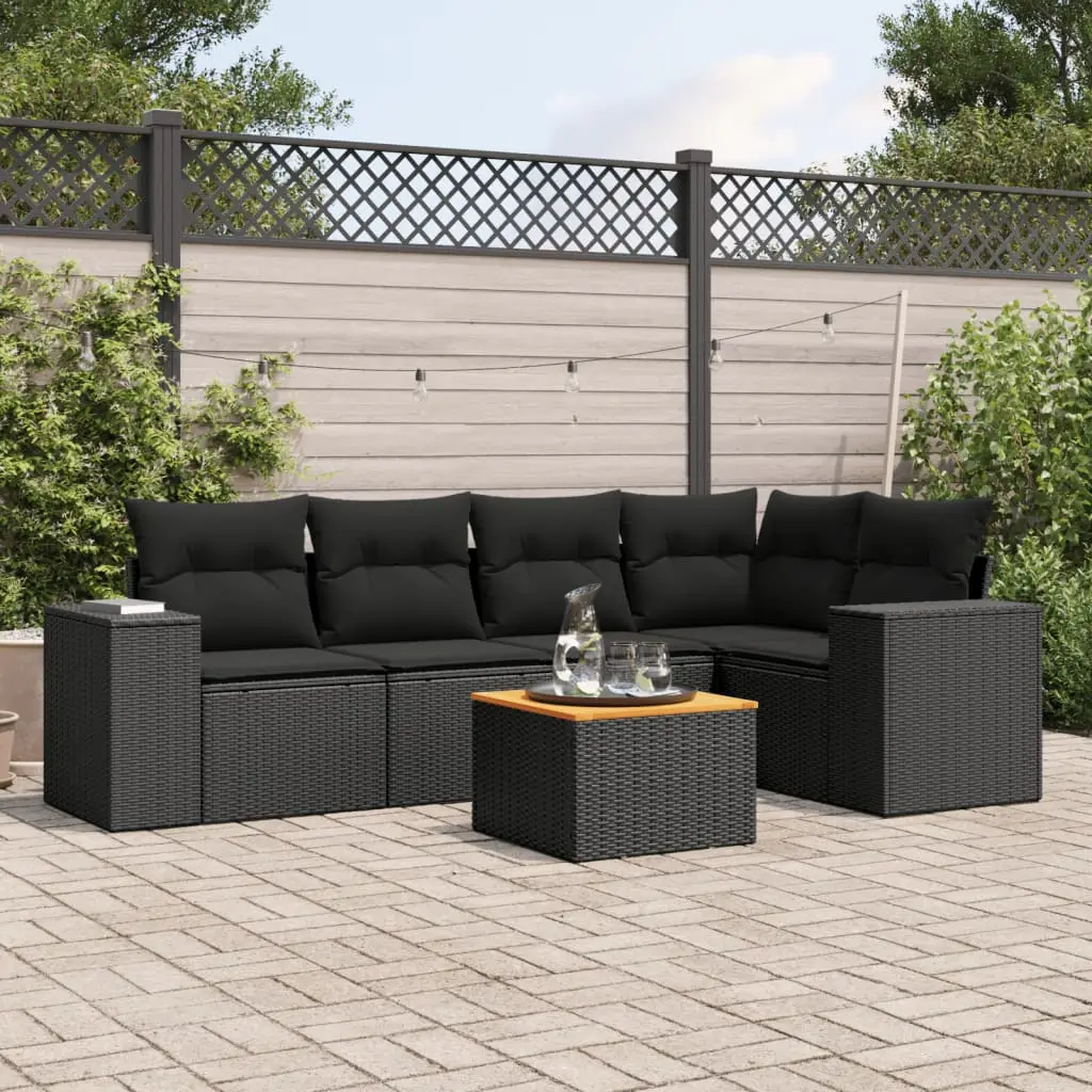 Ensemble de jardin 6 pièces en résine tressée noire et table bois d’acacia modulable Noir – ComfortXL Outdoor Living