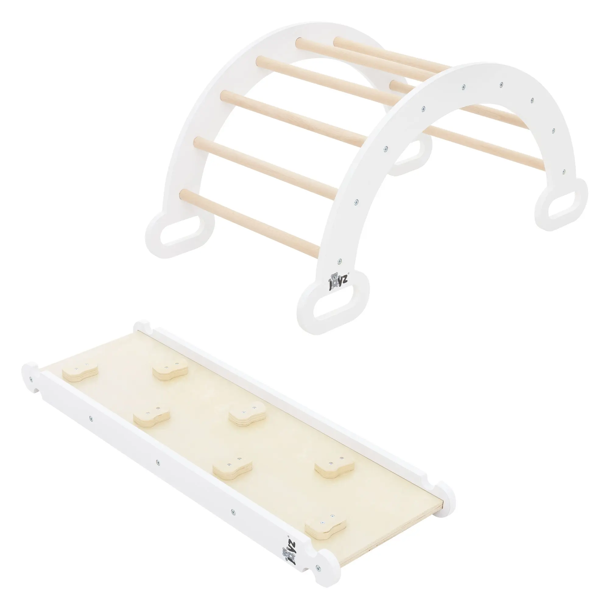 Ensemble d’escalade enfants blanc-naturel en bois avec arche à grimper et planche de glisse à partir de 2 ans développe la motricité l’équilibre