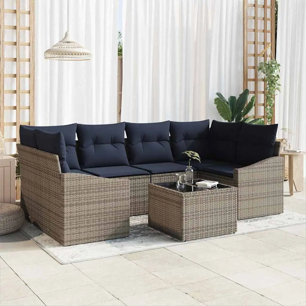 Ensemble de Canapés avec coussin 7 pcs Gris et marine polyrotin vidaXL 3355294