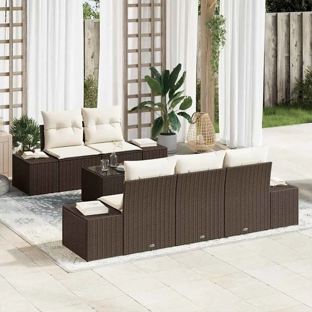 Ensemble Canapé Extérieur 6 Éléments Polyrotin Table Relevable Repas Rangement Patio Marron et Crème – ComfortXL Outdoor Living