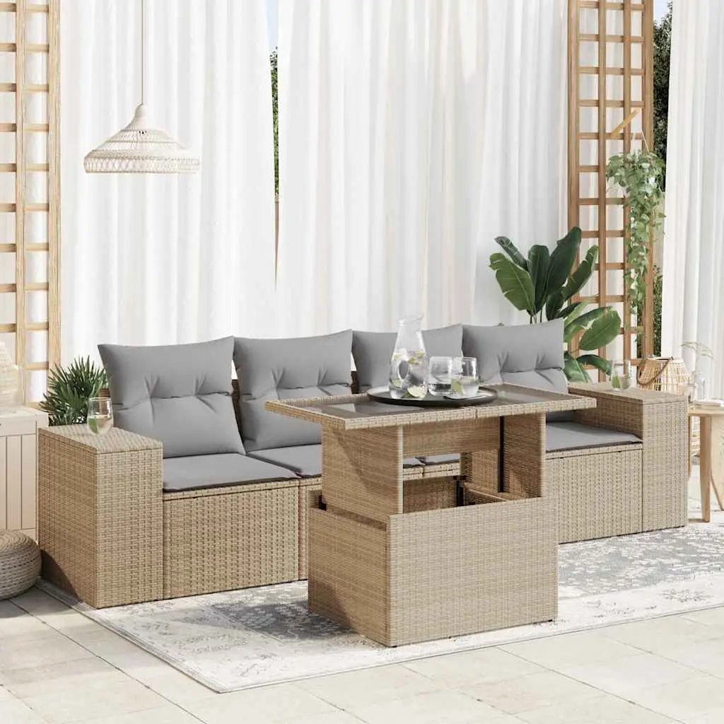 Ensemble canapés d’extérieur 5 pcs résine tressée modulable avec rangement et table ajustable beige – ComfortXL Outdoor Living