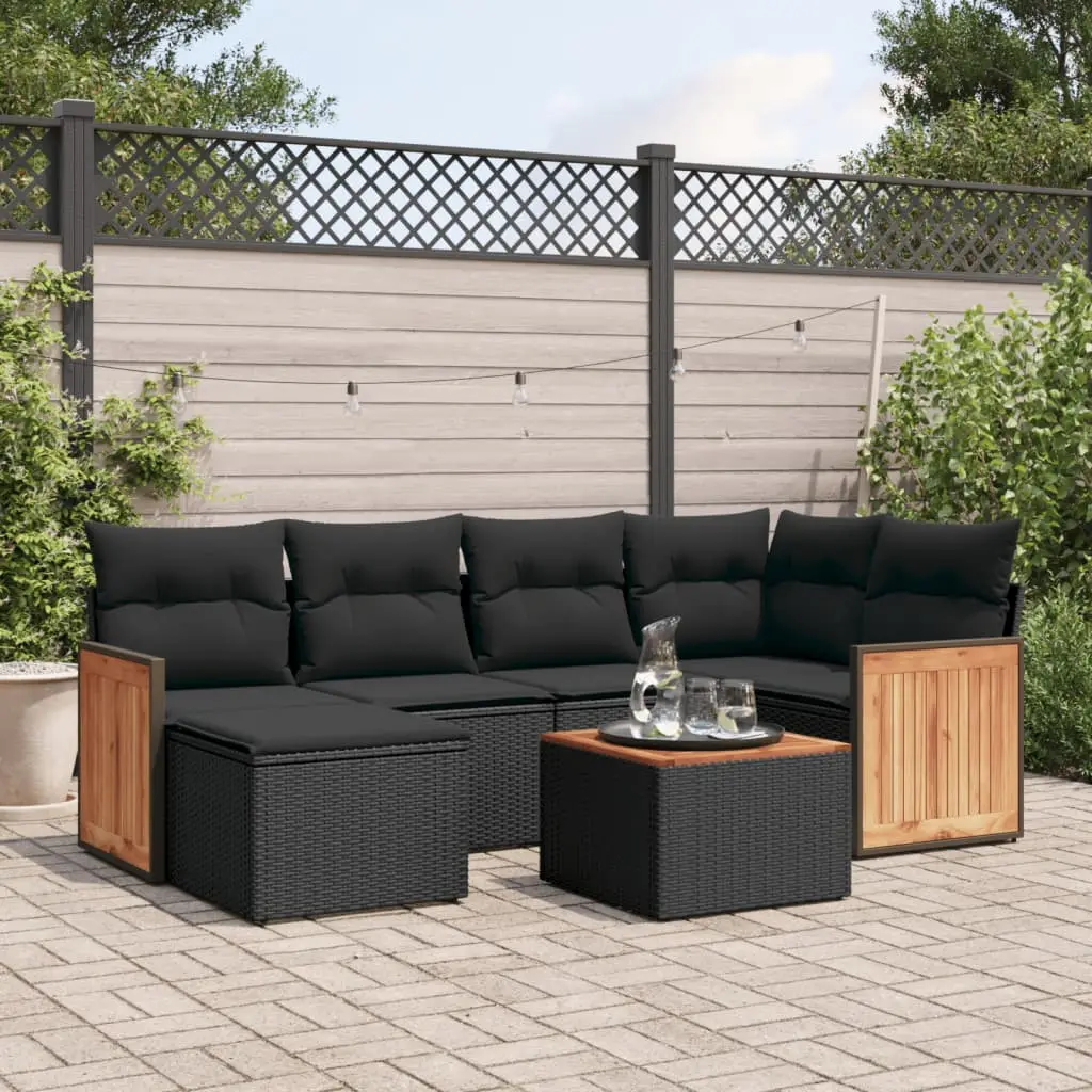 Ensemble de jardin 7 pcs avec rangement sous assise en résine tressée modulable et table acacia Noir – ComfortXL Outdoor Living