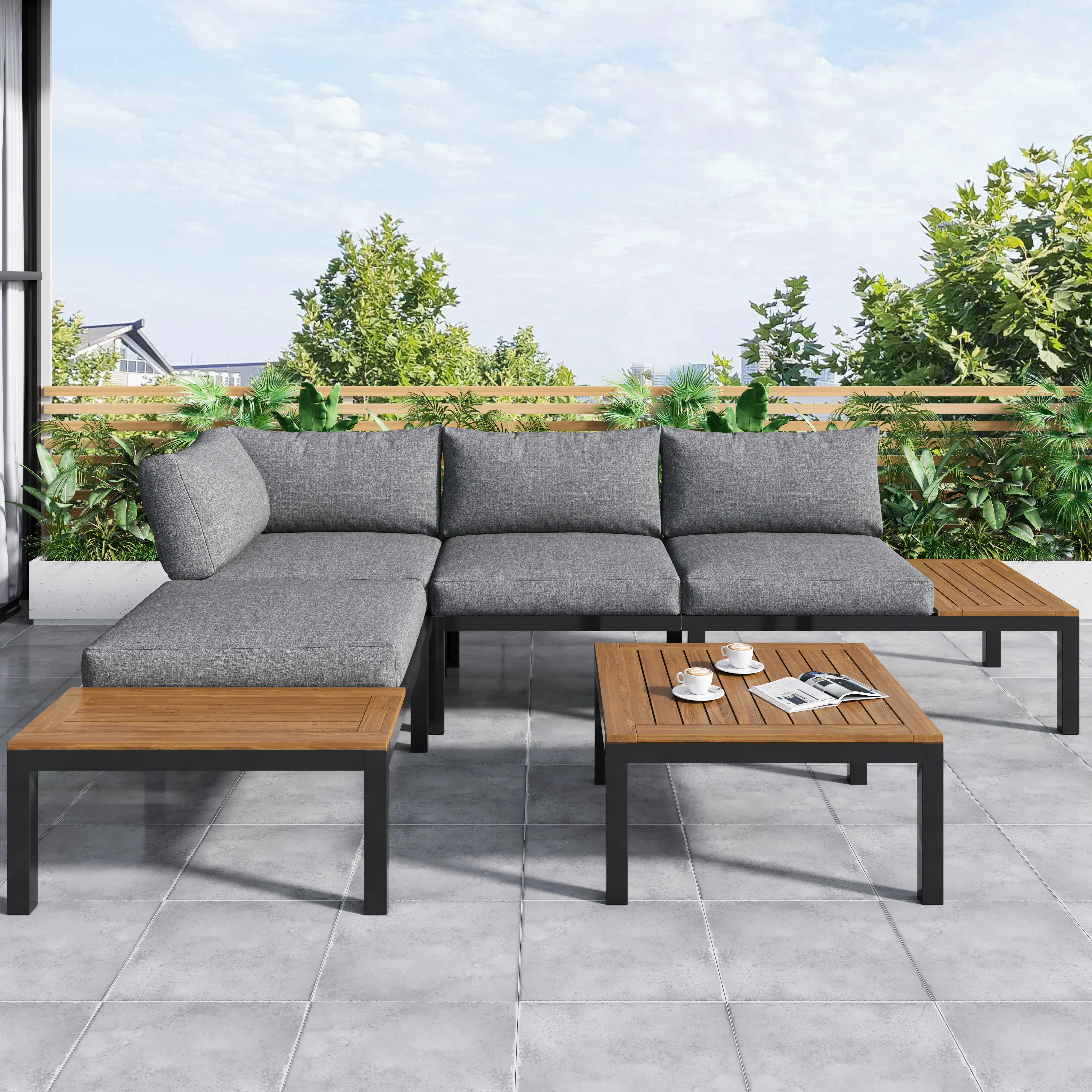 Ensemble de mobilier de jardin gris (2 canapés 2 places, 2 tables d’appoint, 1 table), cadre en acier galvanisé, Table arabe en bois massif