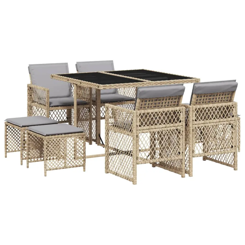 Ensemble de 9 pcs table de jardin et chaises avec coussins – mobilier de jardin beige Poly rotin-JU2624