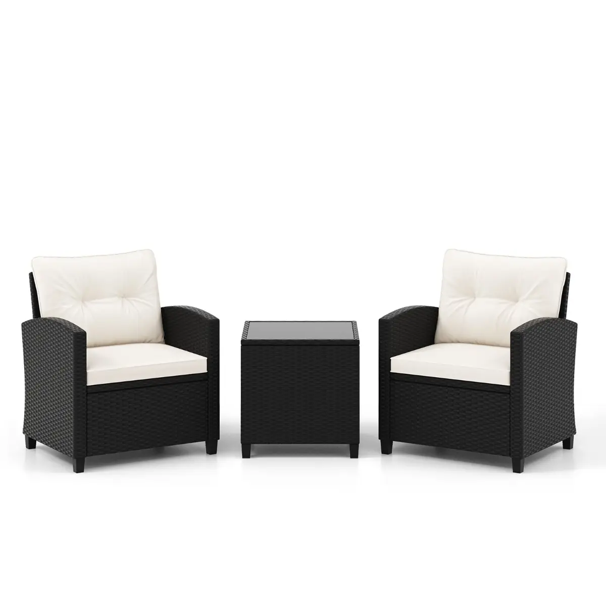 Ensemble de 3pcs Salon de Jardin Meubles de Patio 2 Fauteuils Table Basse Rotin Charge 180KG Blanc