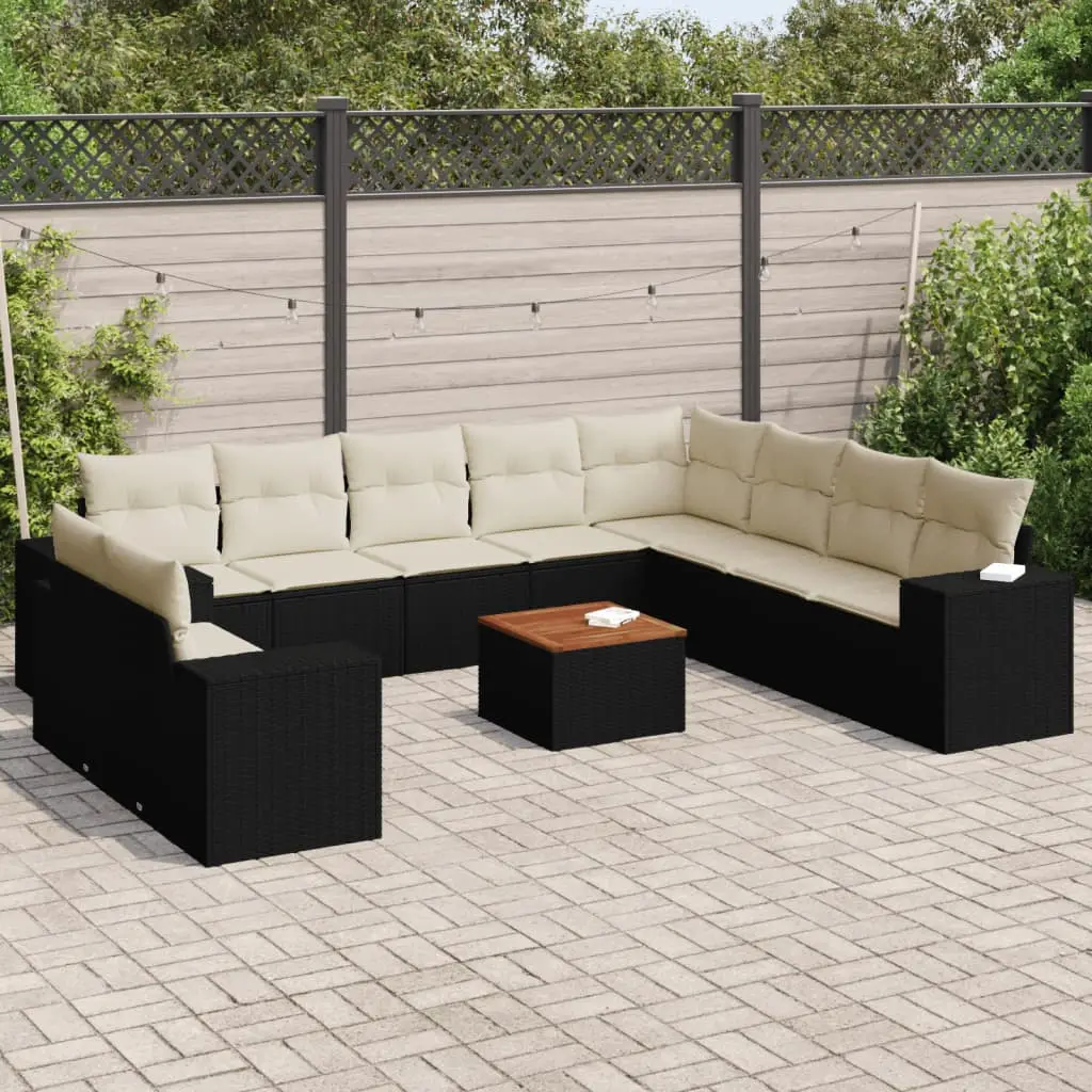 Ensemble Canapé de Jardin Modulable 11p Noir Table Bois Coussins Blanc Crème – ComfortXL Outdoor Living
