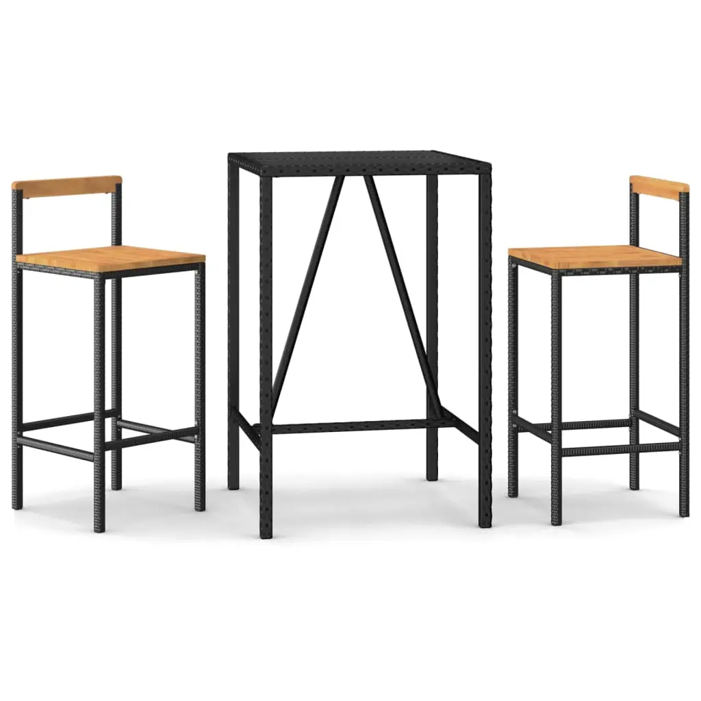 Ensemble de 3 pcs bar de jardin – Mobilier d’extérieur noir poly rotin/bois massif acacia-JU2191