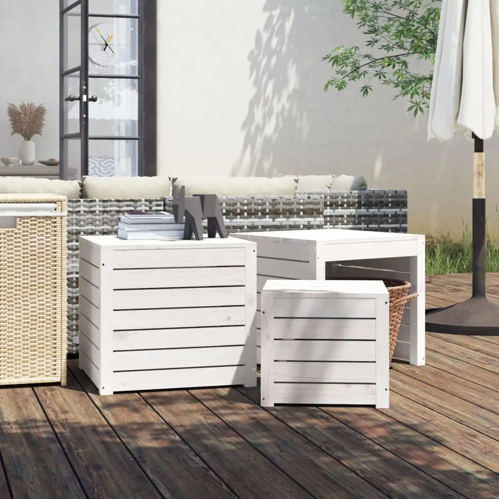 Ensemble de Rangement Jardin 3 Pièces en Bois de Pin Massif Boîtes et Table d’Appoint Blanc – ComfortXL Outdoor Living