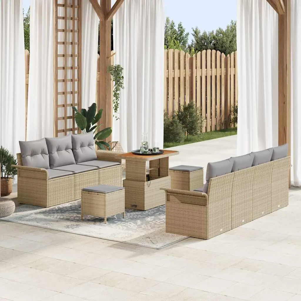 Ensemble Canapé de Jardin 9 Personnes Confort, Résine Tressée Beige et Table Relevable – ComfortXL Outdoor Living