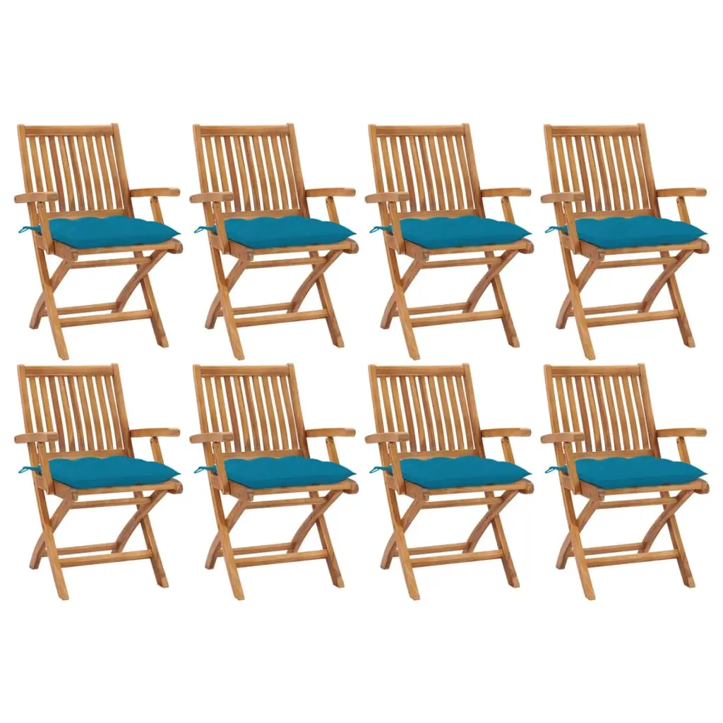 Ensemble de 8 Chaises de Balcon Pliables en Teck Massif avec Coussins Épais 7cm pour Extérieur Bleu Clair – ComfortXL Outdoor Living