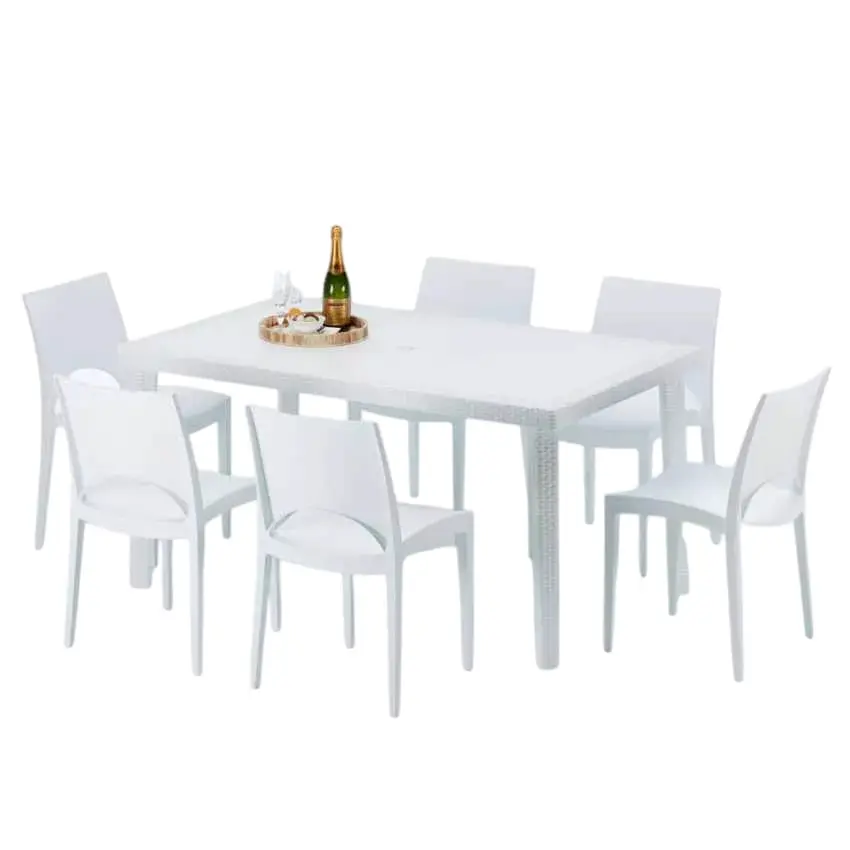 Ensemble de 6 chaises et 1 table 150×90 cm pour jardin Camelot|Blanc