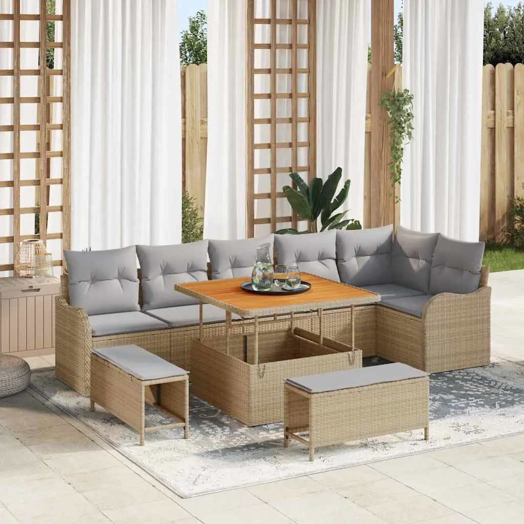 Ensemble Canapé de Jardin 9 Pièces Polyrotin et Bois Pieds Réglables 8 Places Beige – ComfortXL Outdoor Living