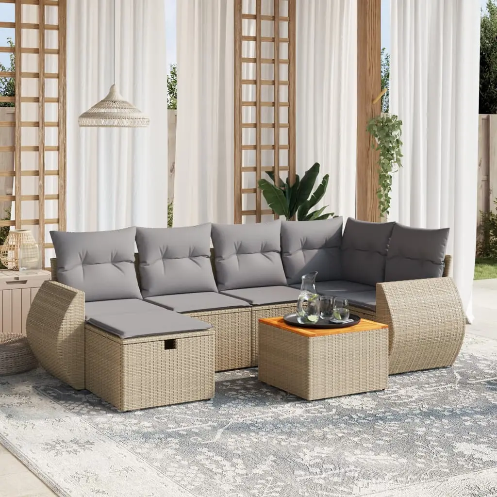 Ensemble de jardin 7pcs en résine tressée table bois et pouf pour terrasse Mélange Beige – ComfortXL Outdoor Living