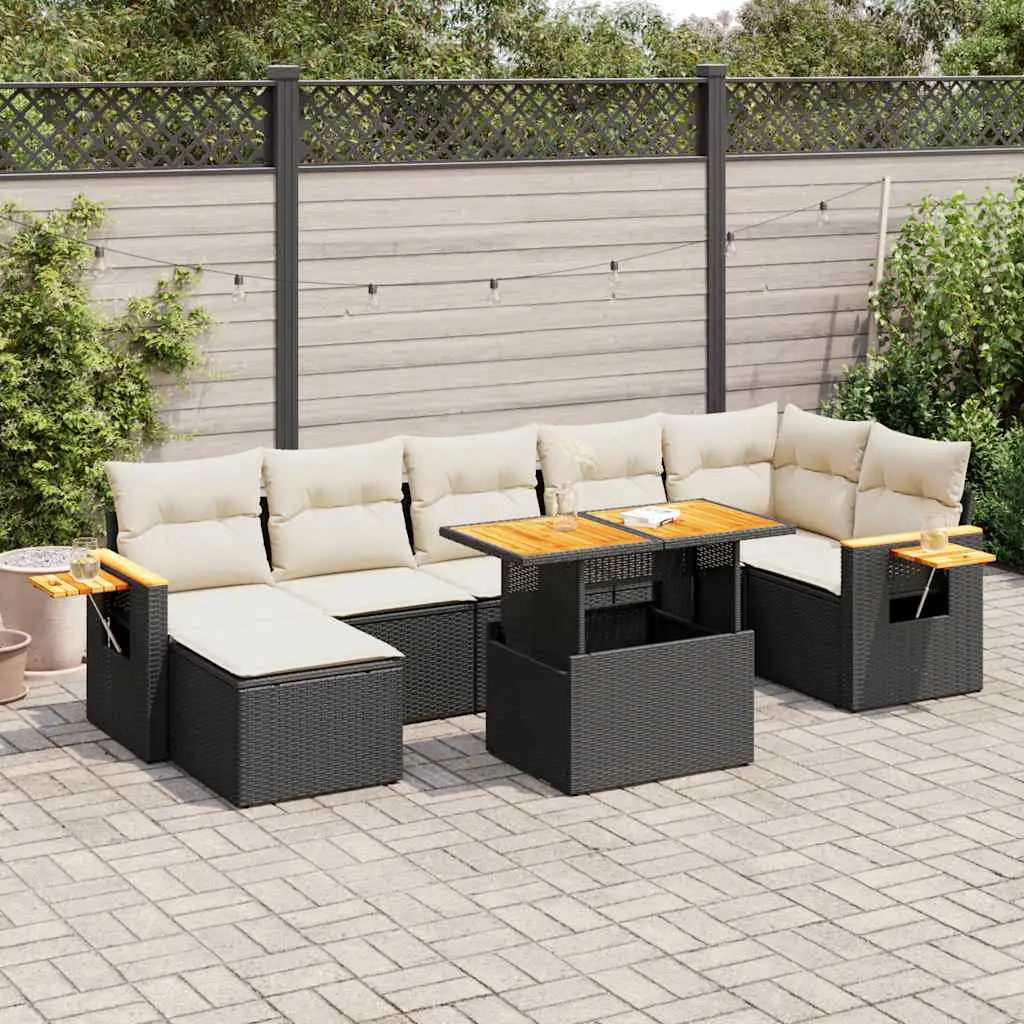 Ensemble de Jardin 8 pcs avec Pouf Poly Rotin Modulable et Coffre de Rangement pour Terrasse Noir et Crème – ComfortXL Outdoor Living