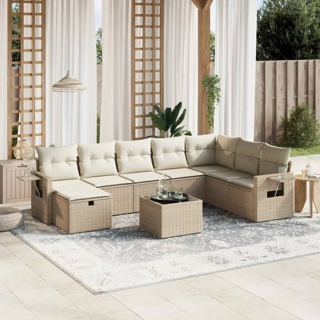 Ensemble canapé de jardin 9 places résine tressée modulable avec table en verre Beige Coussins Crème – ComfortXL Outdoor Living