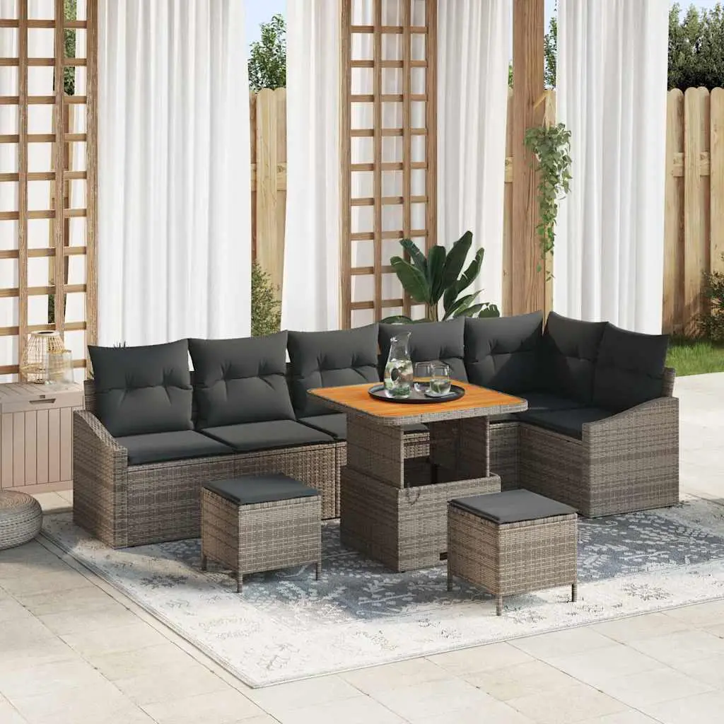Ensemble Canapé Modulable 9 Pcs Polyrotin & Acacia 8 Places Table Haute/Basse pour Jardin Moderne Gris – ComfortXL Outdoor Living