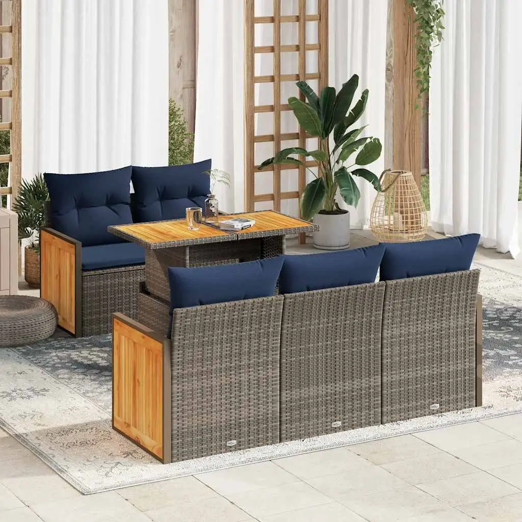 Ensemble canapés d’extérieur 6 pcs gris poly rotin avec rangement et coussins bleu marine – ComfortXL Outdoor Living