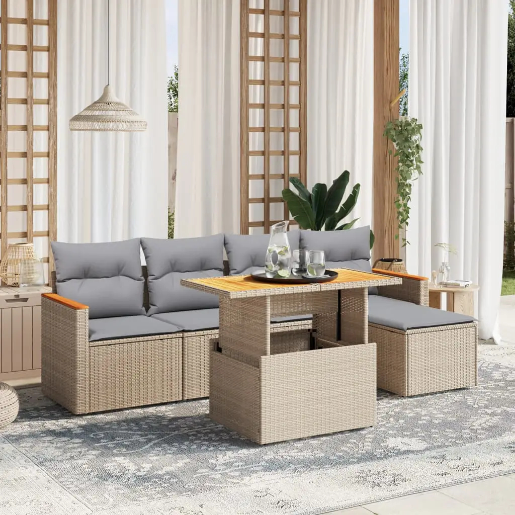 Ensemble de jardin 6 places résine tressée table haute et accoudoirs en bois Beige – ComfortXL Outdoor Living