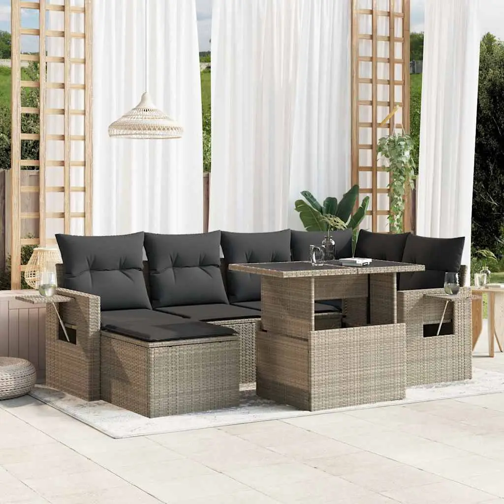 Ensemble de jardin 6 places avec table convertible et tablettes latérales rabattables polyrotin Gris – ComfortXL Outdoor Living