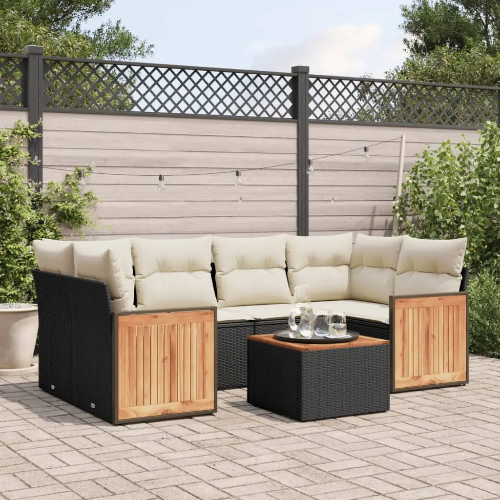 Ensemble canapés d’angle 7 pcs résine tressée avec table acacia pour terrasse Noir et coussins Blanc Crème – ComfortXL Outdoor Living