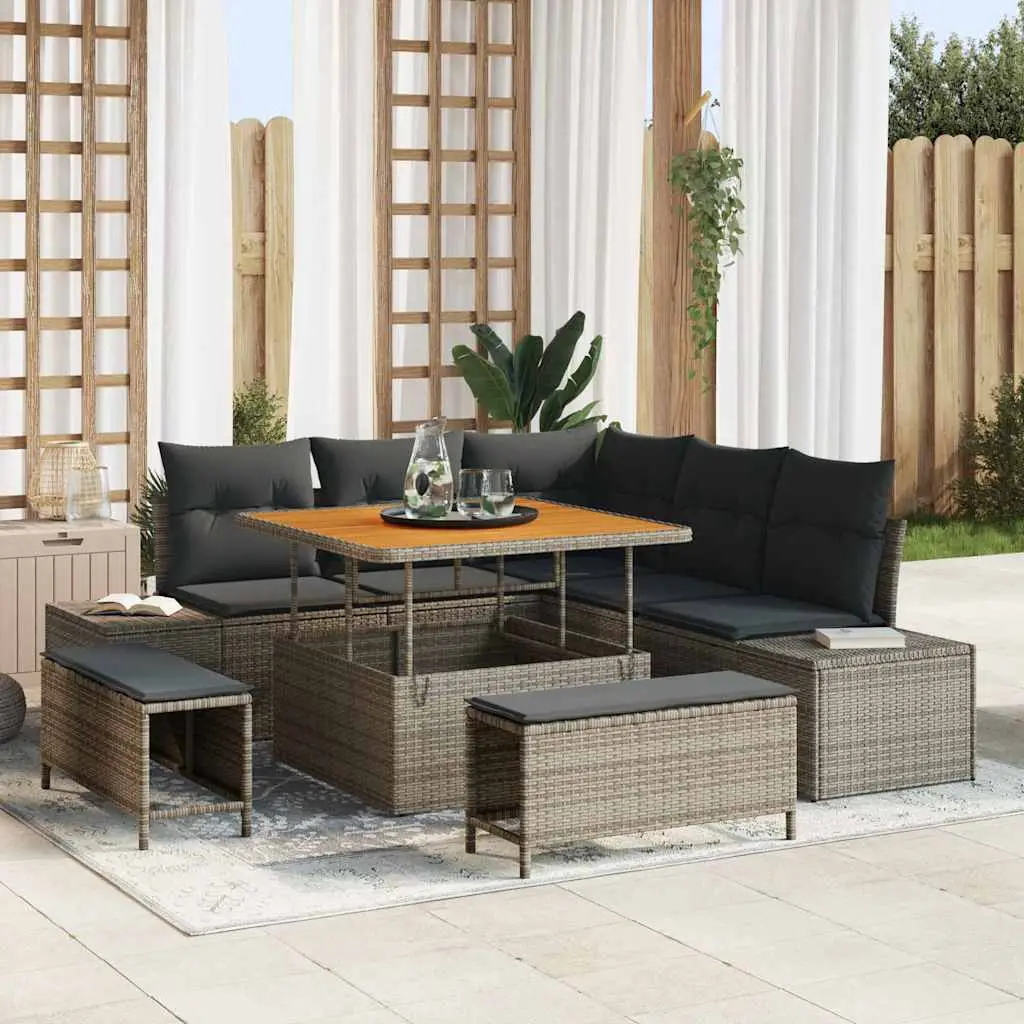 Ensemble de Jardin Résine Tressée et Acacia 8 Pièces Modulable 7 Places pour Extérieur Gris – ComfortXL Outdoor Living