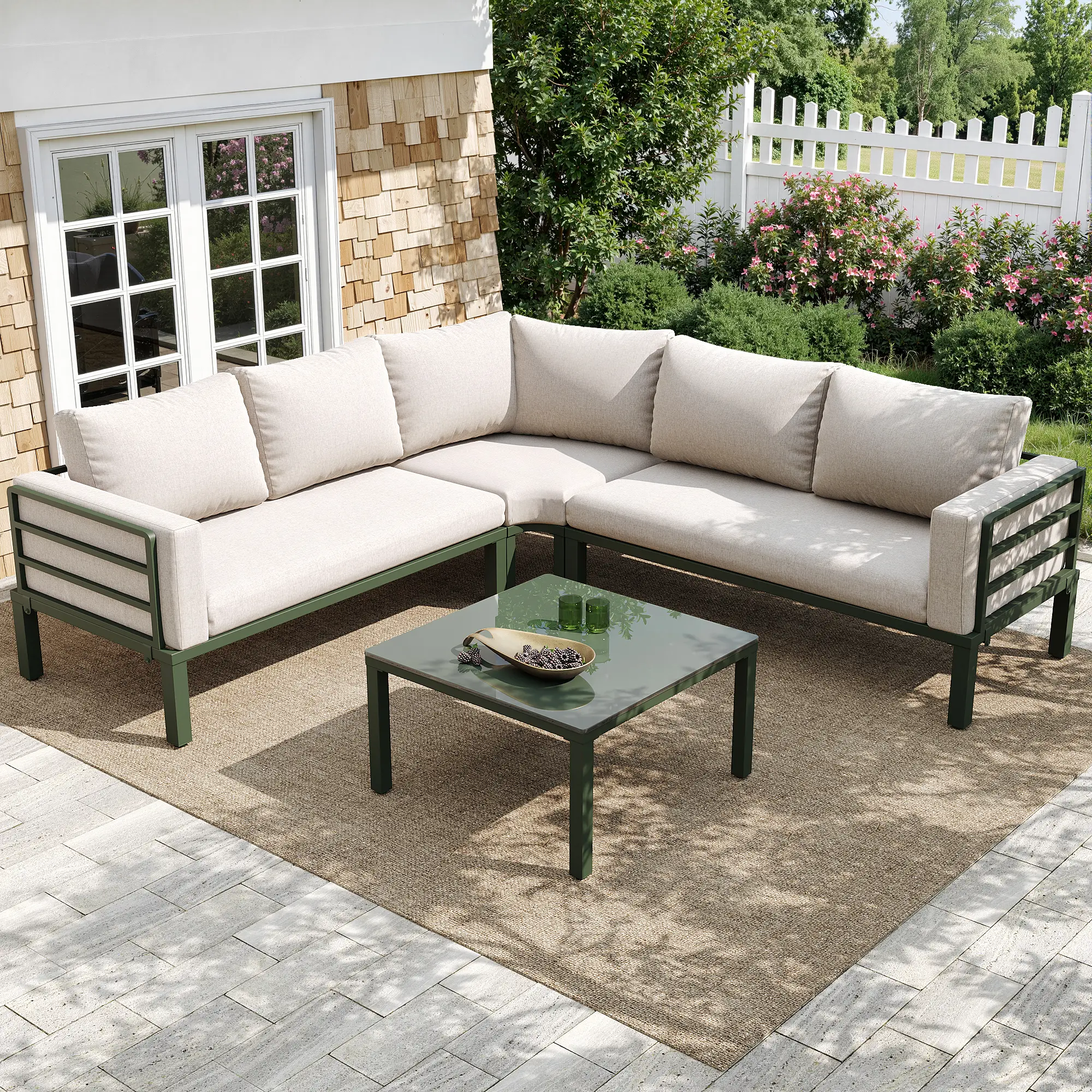 Ensemble de mobilier de jardin (4-5 places), table basse en verre trempé, structure en fer galvanisé, beige