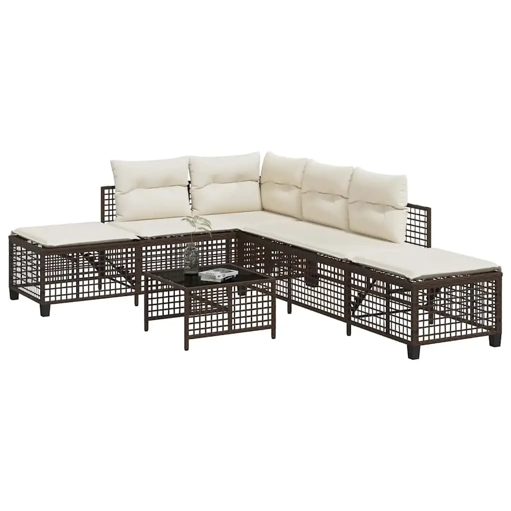 Ensemble de Jardin d’Angle 6 Places Résine Tressée avec Coussins Crème pour Terrasse Marron – ComfortXL Outdoor Living
