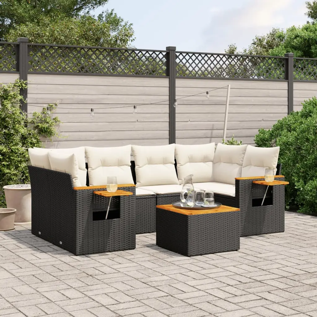 Ensemble de jardin 7 pcs résine tressée noire avec rangement et coussins blanc crème – ComfortXL Outdoor Living