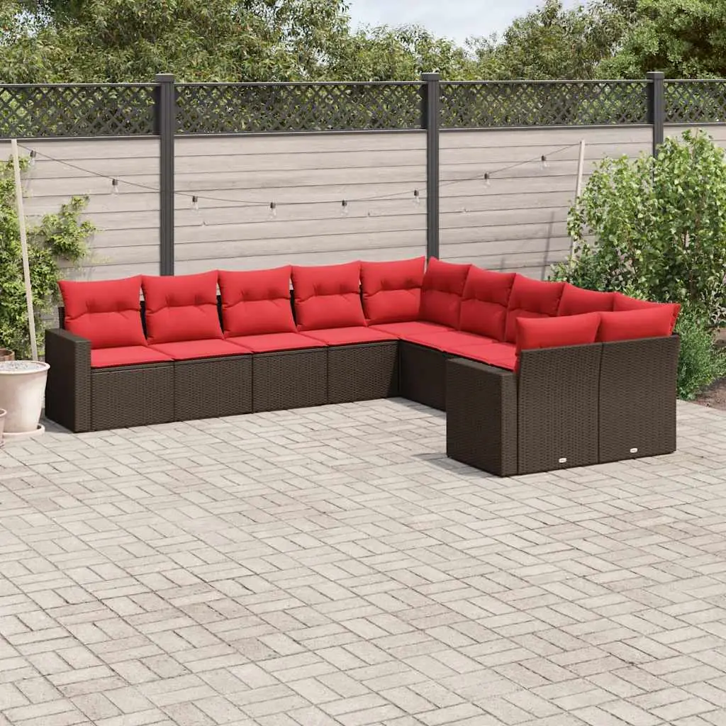 Ensemble canapés de jardin 10 pcs en poly rotin modulable pour aménagement extérieur Marron coussins Rouges – ComfortXL Outdoor Living