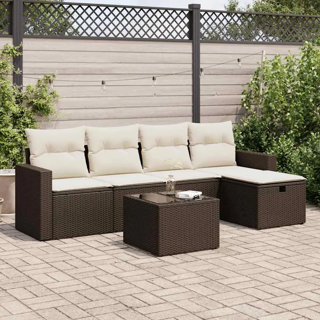 Ensemble canapés jardin 6 pièces poly rotin avec pouf rangement et table basse pour terrasse Marron – ComfortXL Outdoor Living