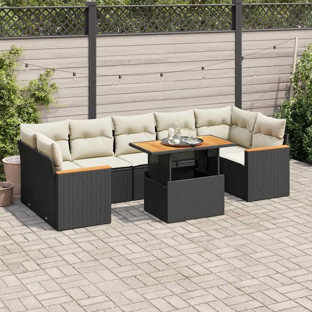 Ensemble de Jardin 7 Places Poly Rotin Noir avec Rangement et Coussins Déhoussables Blanc Crème pour Extérieur – ComfortXL Outdoor Living